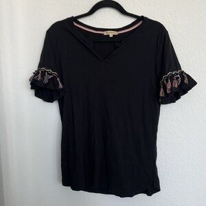 Democracy Black Cotton Tshirt with Tassel Sleeves